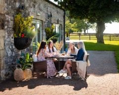 Cambridge 4 Rattan Garden Chairs and Small Round Dining Table Set in Chocolate and Cream