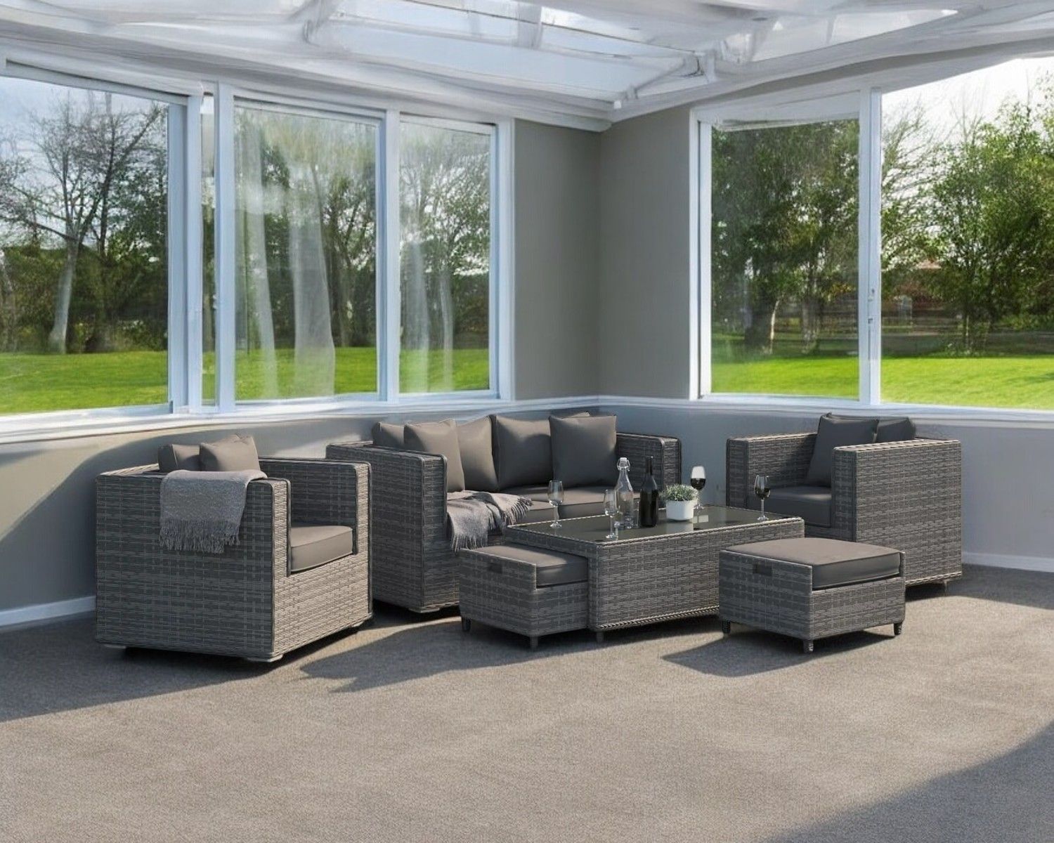 2 Seater Rattan Conservatory Sofa Armchair Set With Coffee Table In Grey Ascot Rattan Direct
