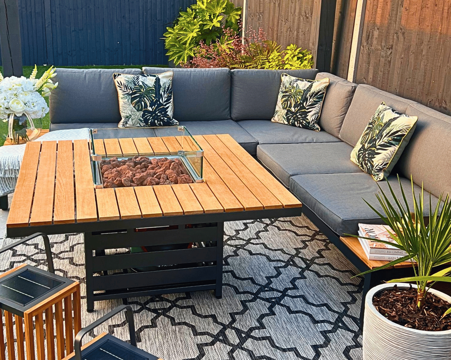 Sequoyah Aluminium and Teak Sofa Set with Firepit table Rattan