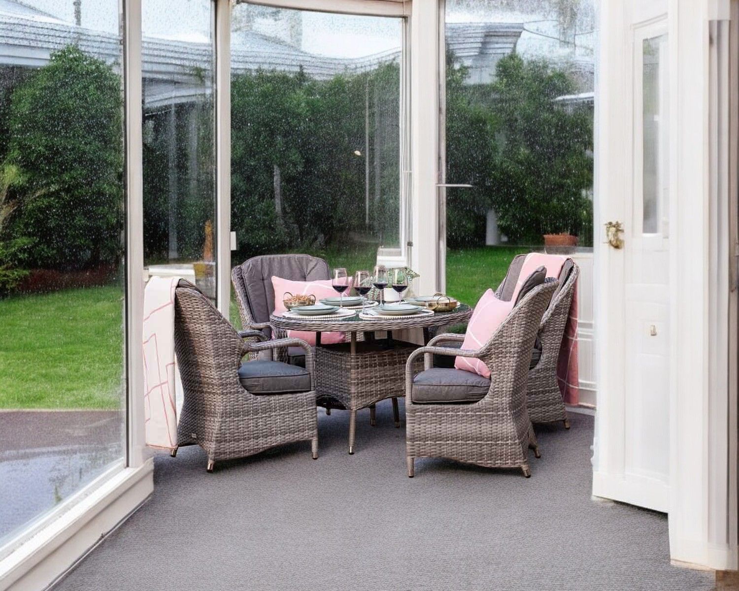 Rattan Conservatory Set With 4 Dining Chairs Small Round Table In Grey Marseille Rattan Direct