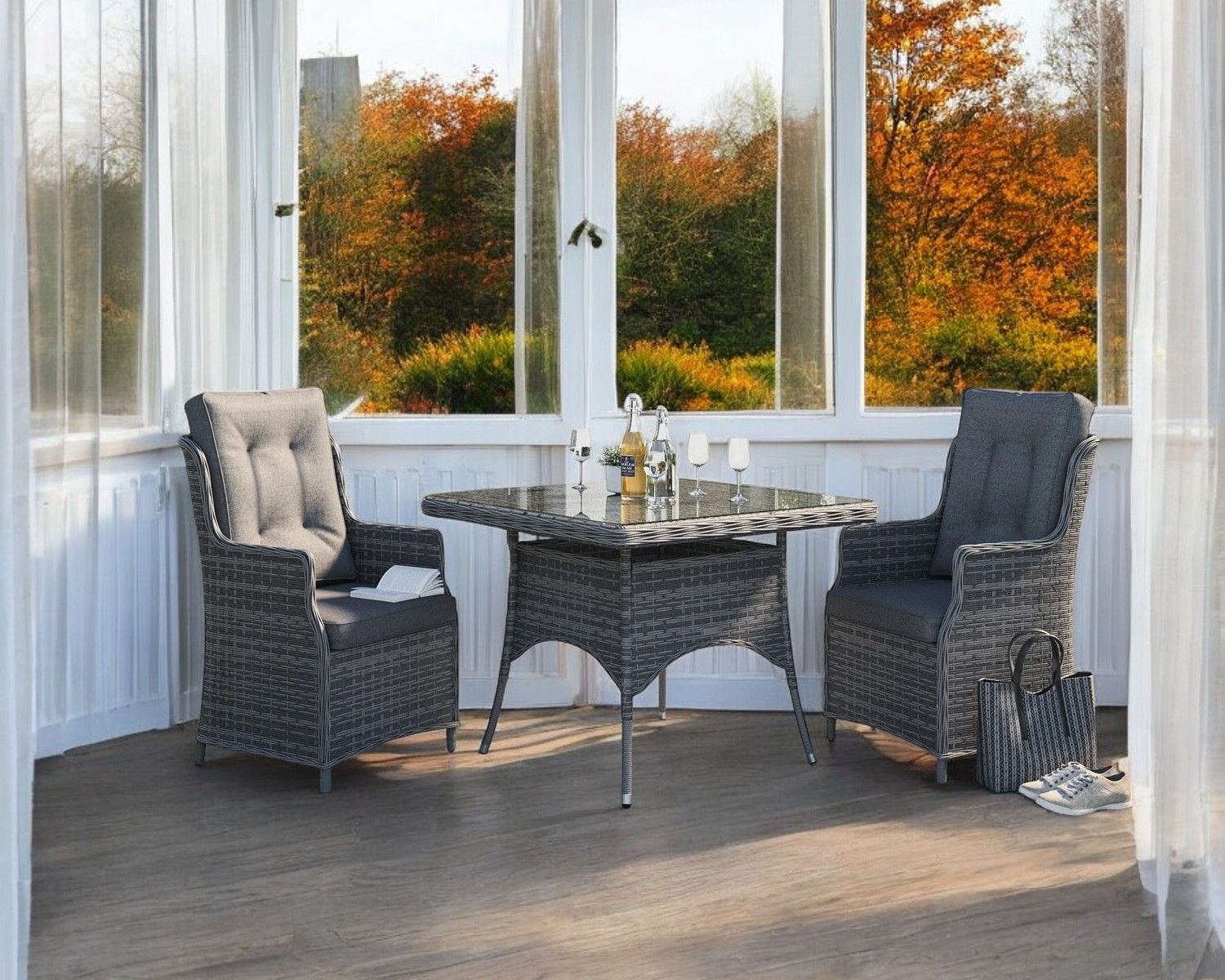 2 Seater Rattan Conservatory Dining Set With Square Dining Table In Grey Riviera Rattan Direct
