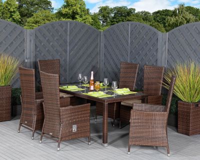 Cambridge 6 Reclining Rattan Garden Chairs and Open Leg Rectangular Table Set in Chocolate Mix and Coffee Cream