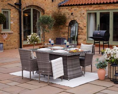 Cambridge 4 Rattan Garden Chairs and Rectangular Fire Pit Dining Table in Grey
