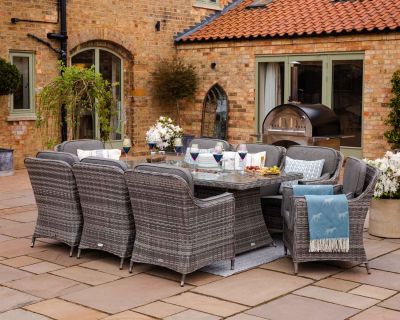 Lyon 8 Rattan Garden Chairs and Large Rectangular Fire Pit Dining Table in Grey