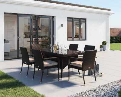 Roma 6 Rattan Garden Chairs and Rectangular Table Set in Chocolate and Cream