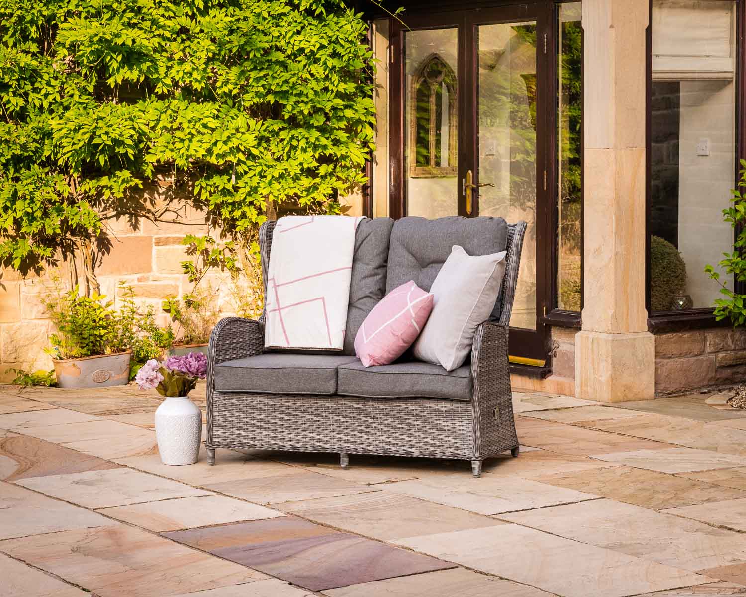 Reclining Rattan Garden 2 Seat Sofa in Grey - Fiji - Rattan Direct
