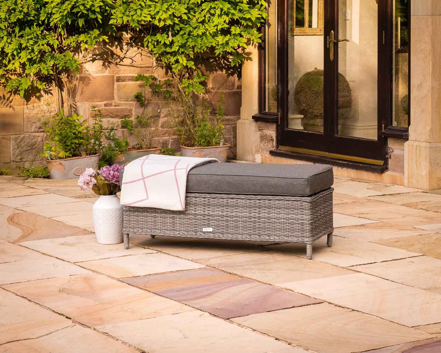 Product photograph of Rattan Garden Bench With Cushion In Grey - Fiji - Rattan Direct from Rattan Direct