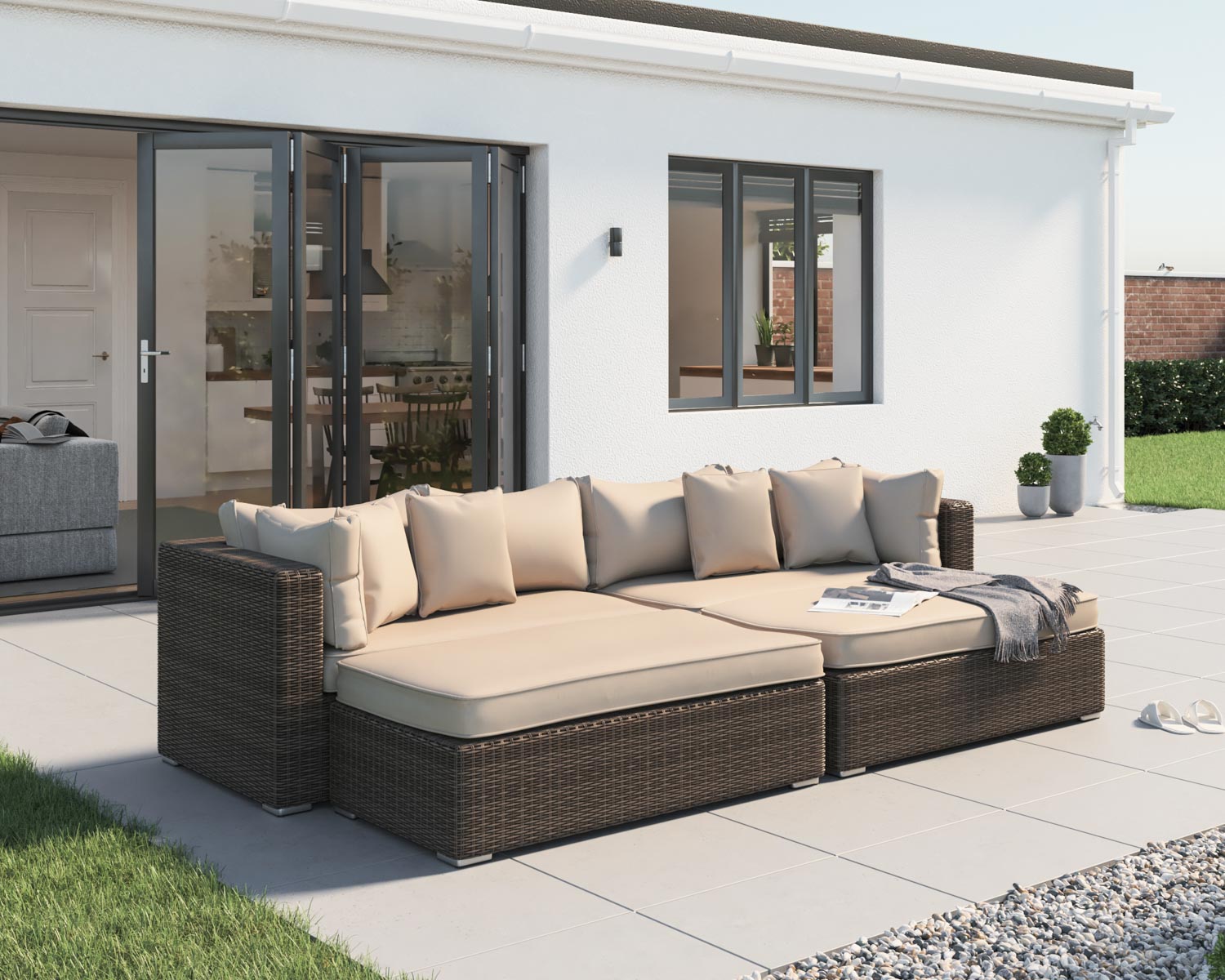 Product photograph of Rattan Garden Day Bed Sofa Set In Truffle Brown Champagne - Monaco - Rattan Direct from Rattan Direct
