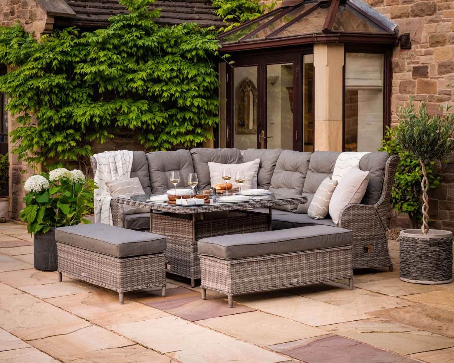 Rattan Garden Reclining Corner Sofa Set With Ice Bucket Dining Table In Grey Fiji Rattan Direct