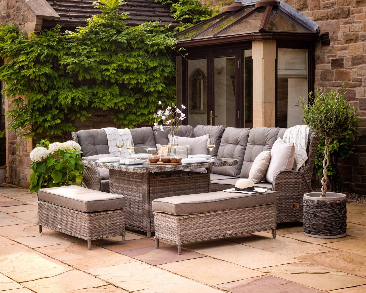 Product photograph of Rattan Garden Reclining Corner Sofa Set With Square Fire Pit Dining Table In Grey - Fiji - Rattan Direct from Rattan Direct