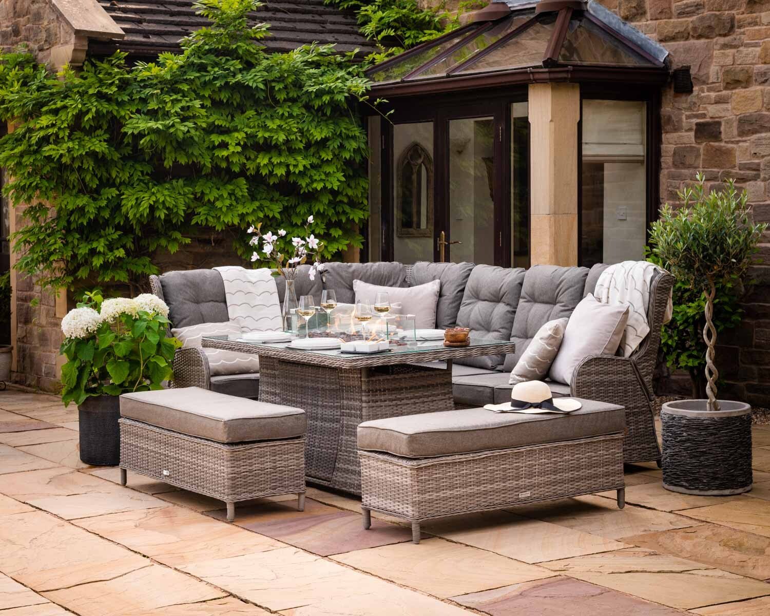 Product photograph of Rattan Garden Reclining Corner Sofa Set With Rectangular Fire Pit Dining Table In Grey - Fiji - Rattan Direct from Rattan Direct