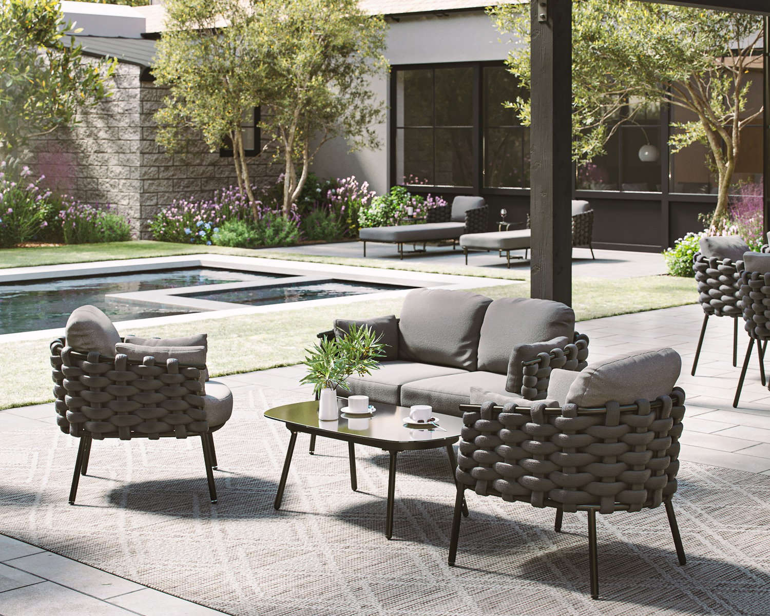 Product photograph of Rope Weave 2 Seater Garden Sofa Set In Grey With 2 Chairs - Selene - Rattan Direct from Rattan Direct