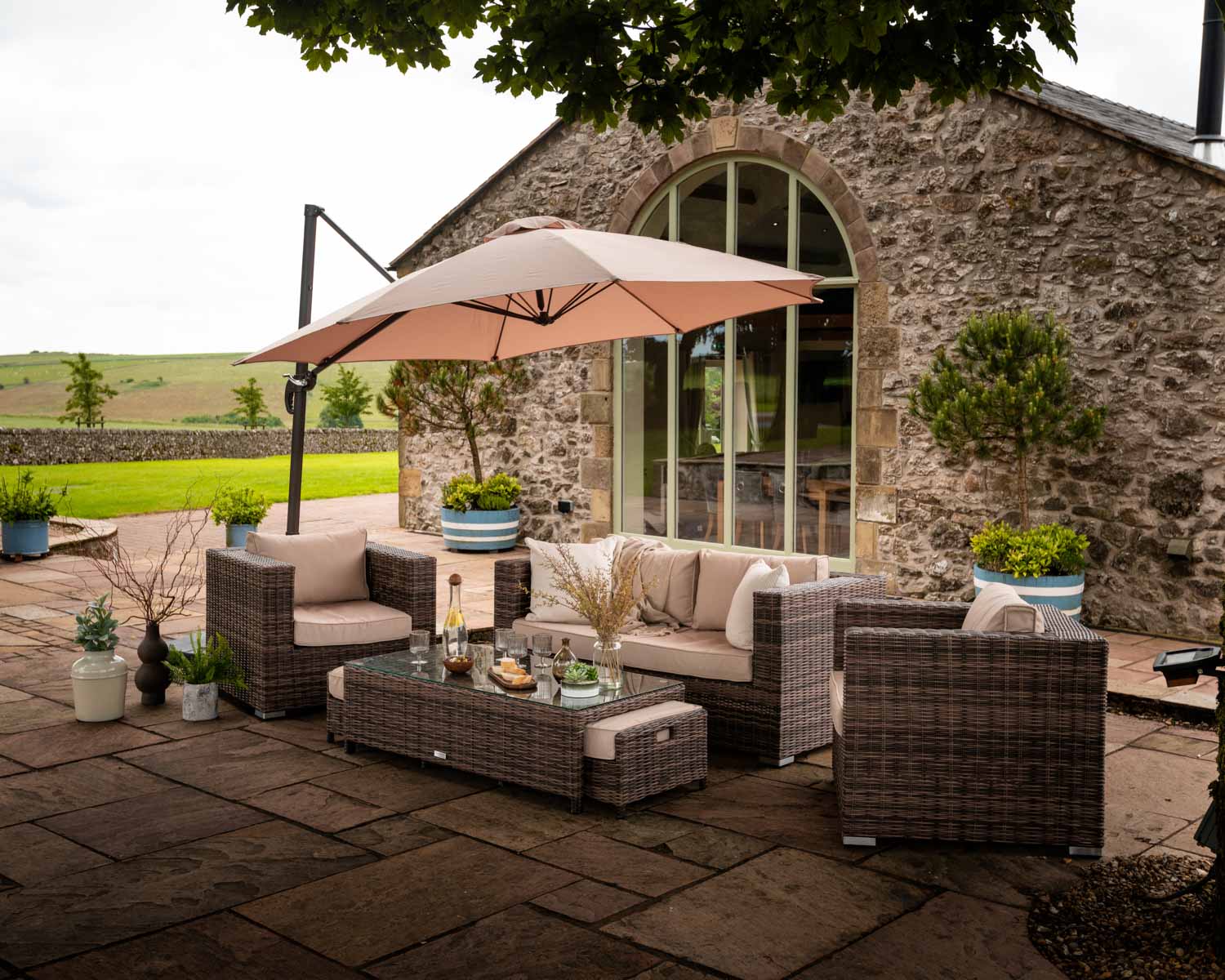 2 Seater Rattan Garden Sofa Set in Truffle Brown & Champagne - Ascot - Rattan Direct