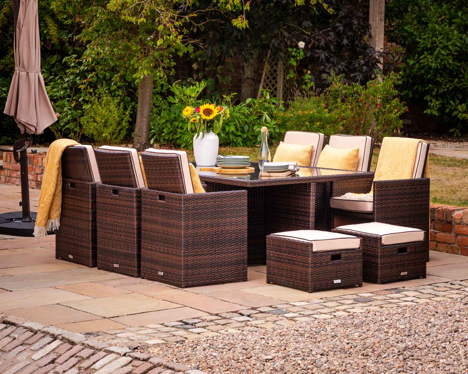 Product photograph of 6 Seat Rattan Garden Cube Dining Set In Brown With Footstools - Barcelona - Rattan Direct from Rattan Direct