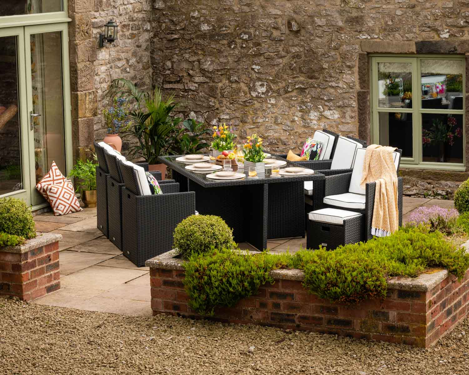 Product photograph of 6 Seat Rattan Garden Cube Dining Set In Black With Footstools - Barcelona - Rattan Direct from Rattan Direct