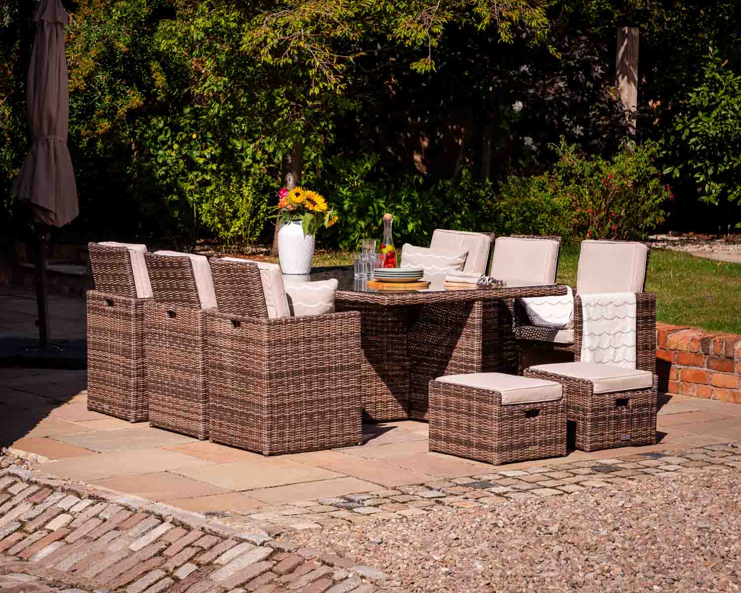 Product photograph of 6 Seat Rattan Garden Cube Dining Set In Truffle Brown With Footstools - 13 Piece - Barcelona - Rattan Direct from Rattan Direct