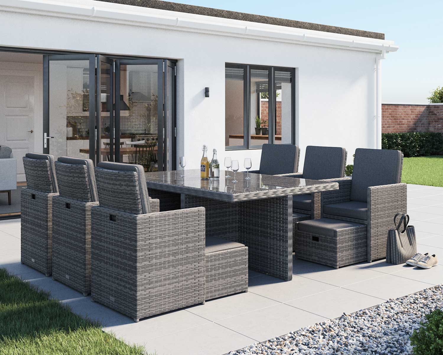 Product photograph of 6 Seat Rattan Garden Cube Dining Set In Grey With 6 Footstools - Barcelona - Rattan Direct from Rattan Direct