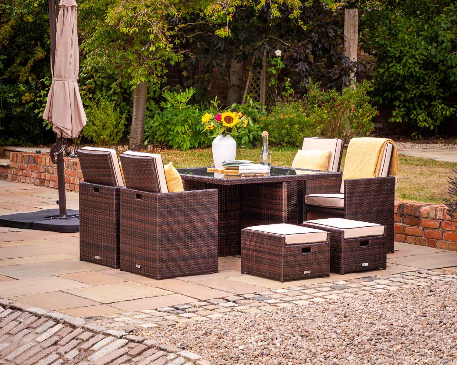 Product photograph of 4 Seat Rattan Garden Cube Dining Set In Brown With 4 Footstools - Barcelona - Rattan Direct from Rattan Direct