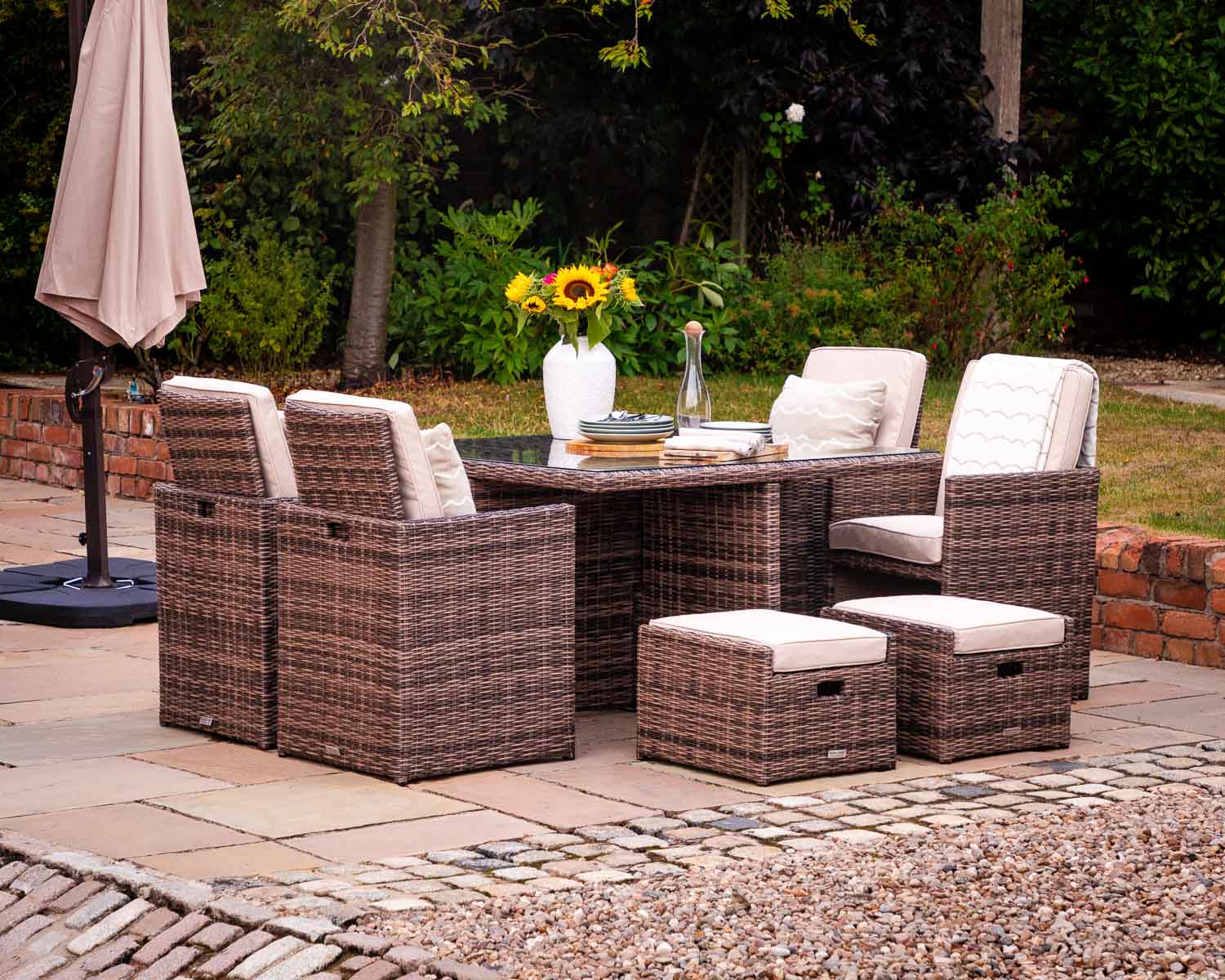 Product photograph of 4 Seat Rattan Garden Cube Dining Set In Truffle Brown With Footstools - Barcelona - Rattan Direct from Rattan Direct