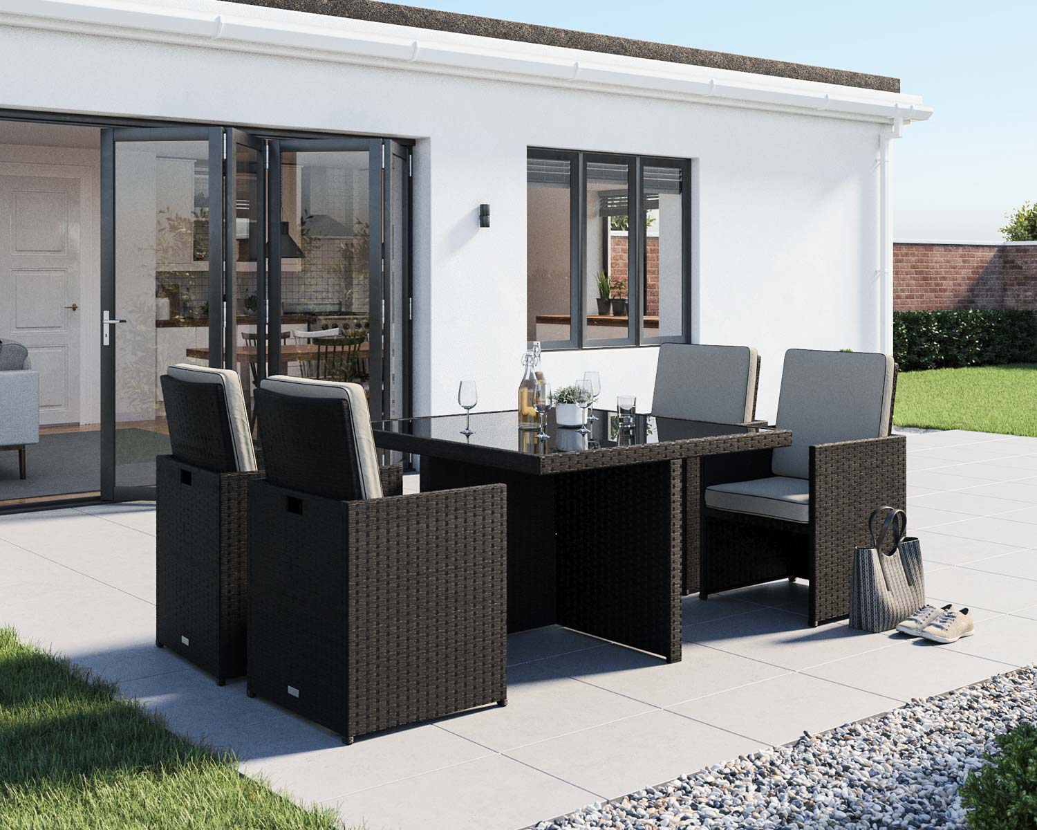 Product photograph of 4 Seat Rattan Garden Cube Dining Set In Black White - 5 Piece - Barcelona - Rattan Direct from Rattan Direct