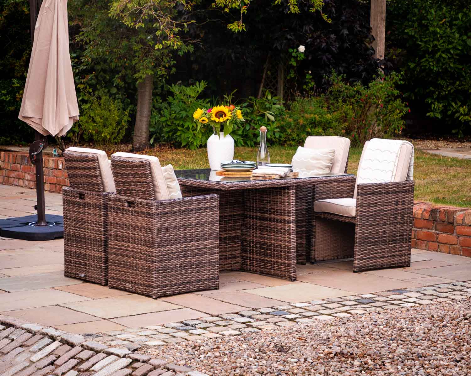 Product photograph of 4 Seat Rattan Garden Cube Dining Set In Truffle Brown Champagne - Barcelona - Rattan Direct from Rattan Direct