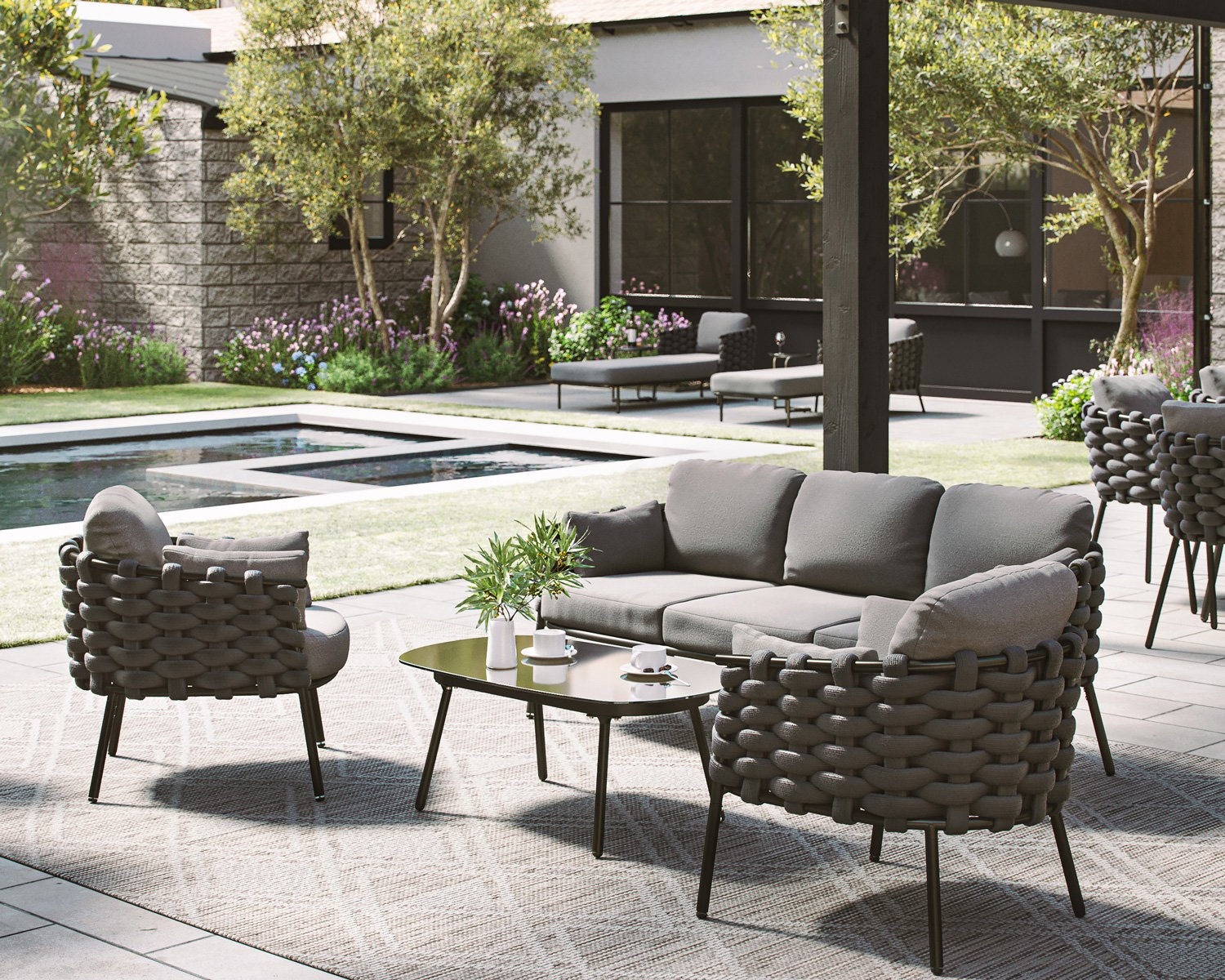 Product photograph of Rope Weave 3 Seater Garden Sofa Set In Grey With 2 Chairs - Selene - Rattan Direct from Rattan Direct