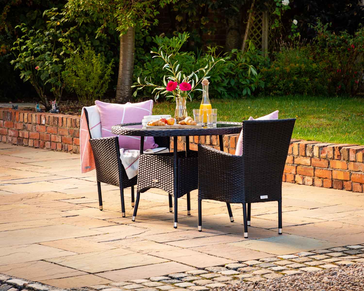 Product photograph of 2 Seater Rattan Garden Dining Set With Small Round Table In Black White - Cambridge - Rattan Direct from Rattan Direct