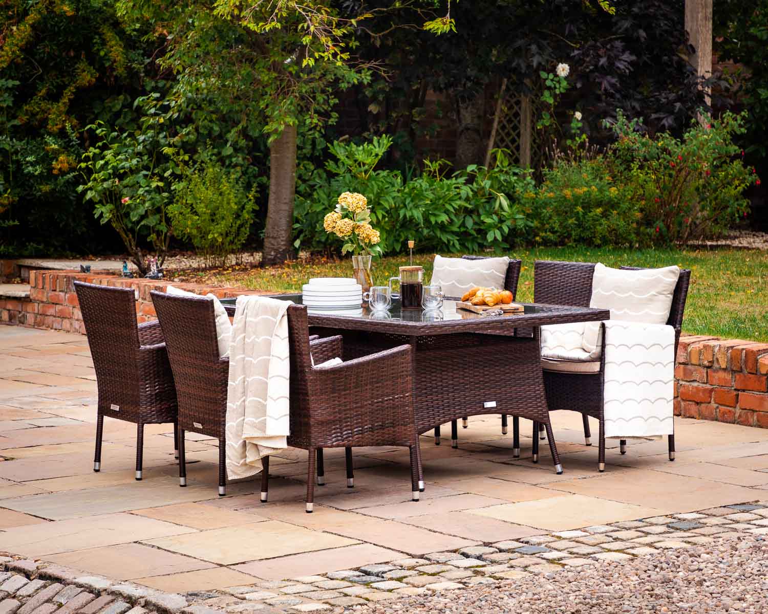 Product photograph of 6 Seat Rattan Garden Dining Set With Rectangular Dining Table In Brown - Cambridge - Rattan Direct from Rattan Direct
