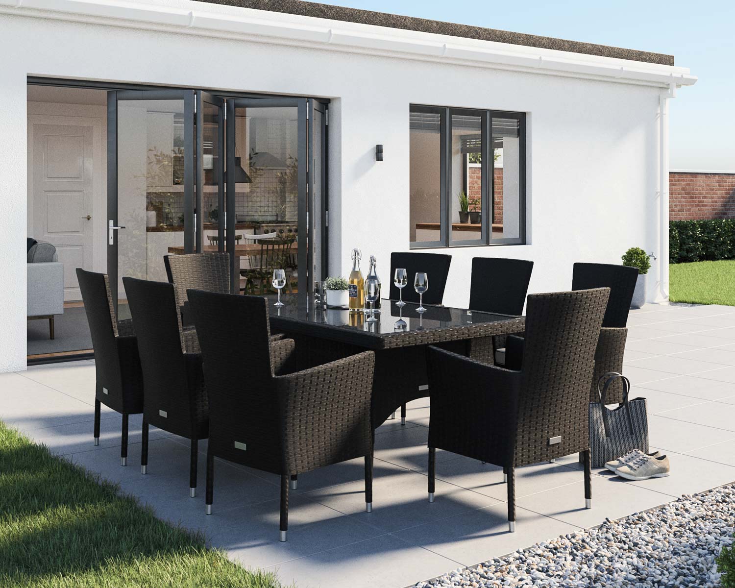 Product photograph of 8 Seater Rattan Garden Dining Set With Rectangular Dining Table In Black White - Cambridge - Rattan Direct from Rattan Direct