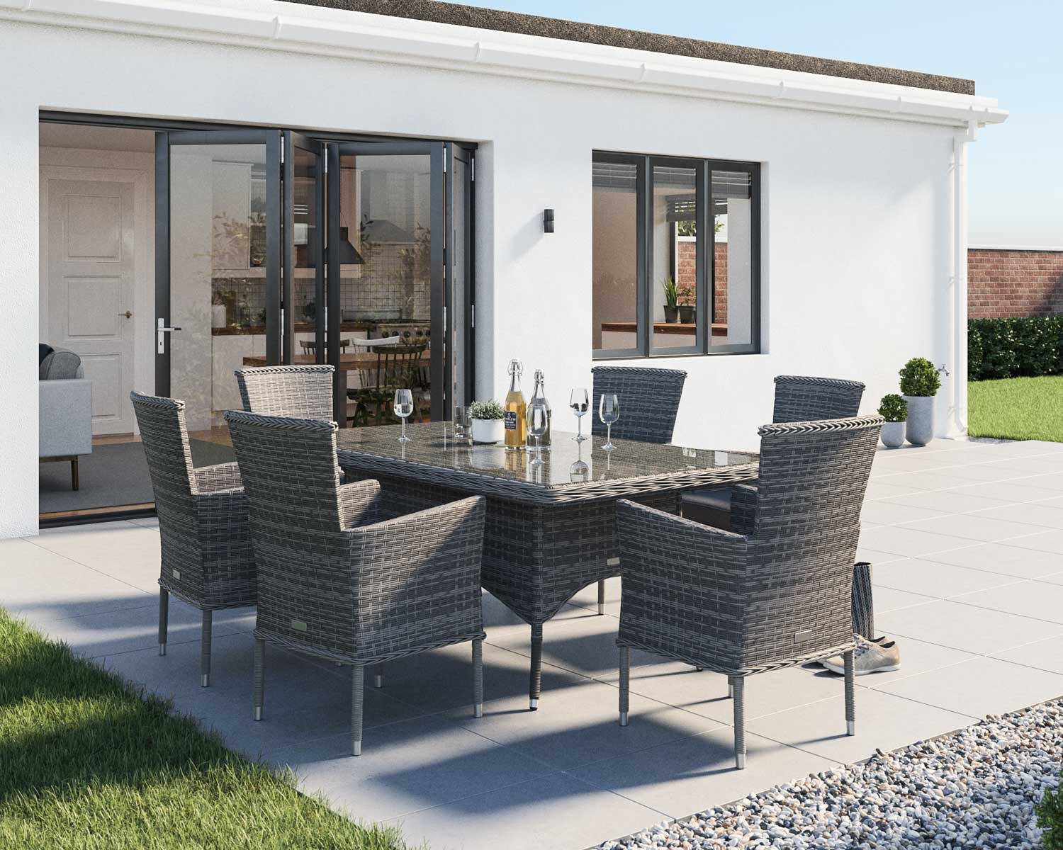 Product photograph of 6 Seat Rattan Dining Set With Rectangular Dining Table Set In Grey - Cambridge - Rattan Direct from Rattan Direct