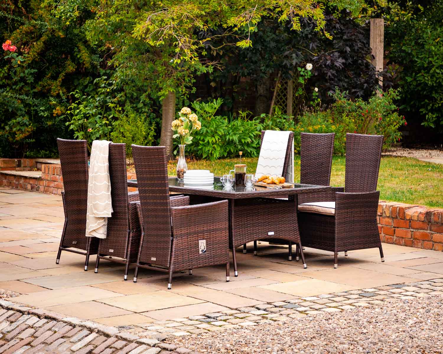Product photograph of Rectangular Rattan Garden Dining Table 6 Reclining Chairs Set In Brown - Cambridge - Rattan Direct from Rattan Direct