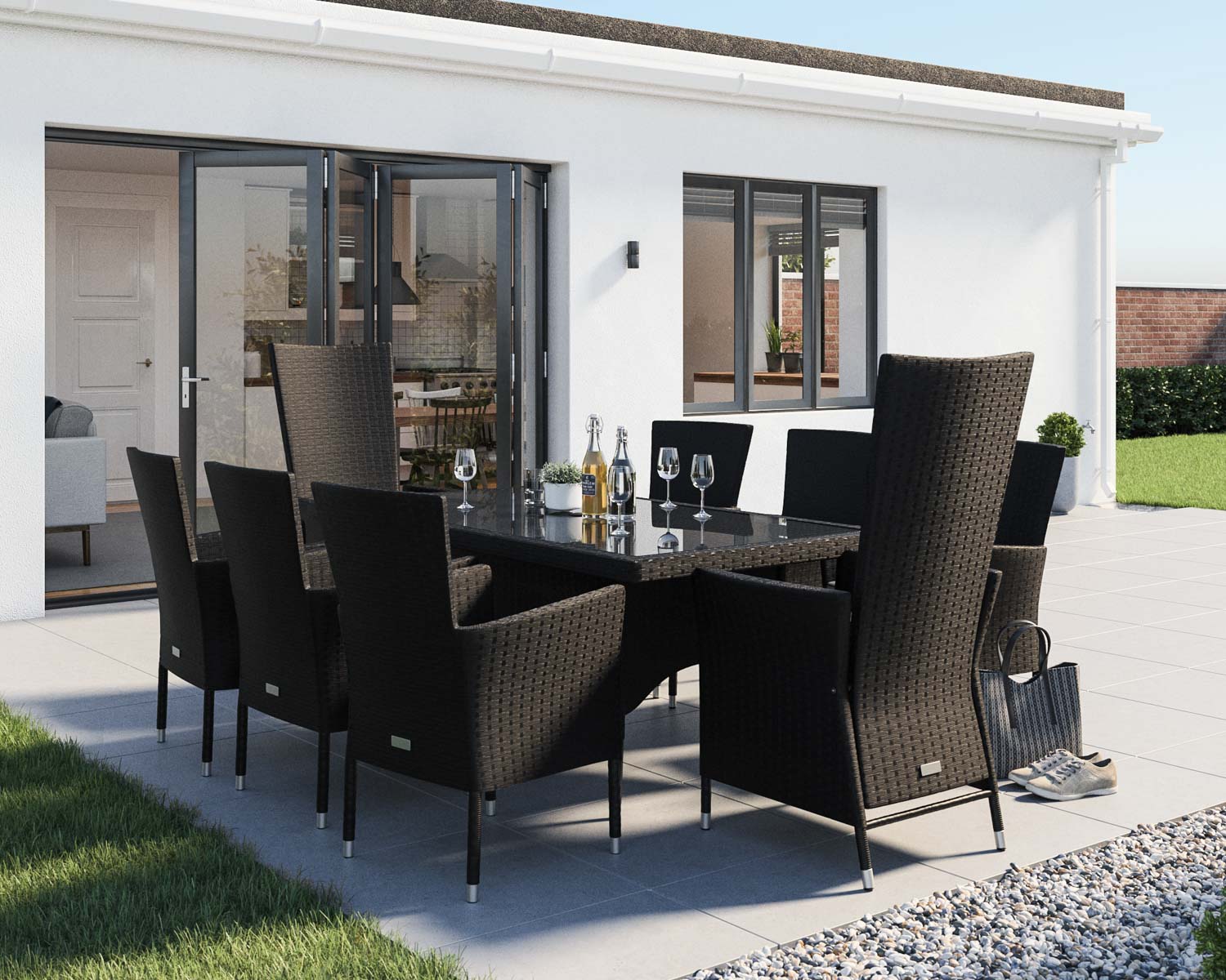 Product photograph of Rectangular Rattan Garden Dining Table Set With 8 Chairs In Black White - Cambridge - Rattan Direct from Rattan Direct
