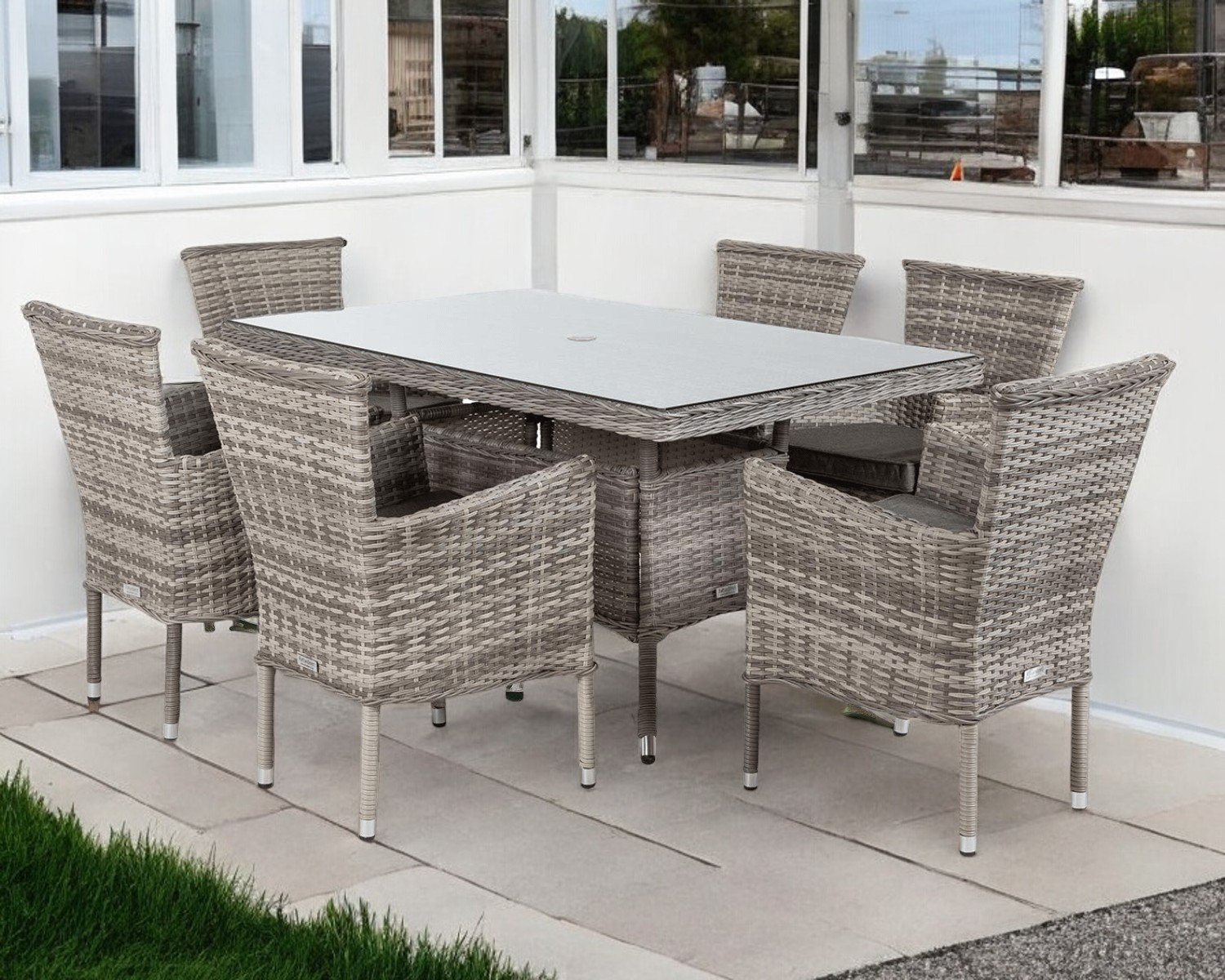 6 Rattan Chairs & Small Rectangular Garden Dining Table Set in Grey - Cambridge - Rattan Direct