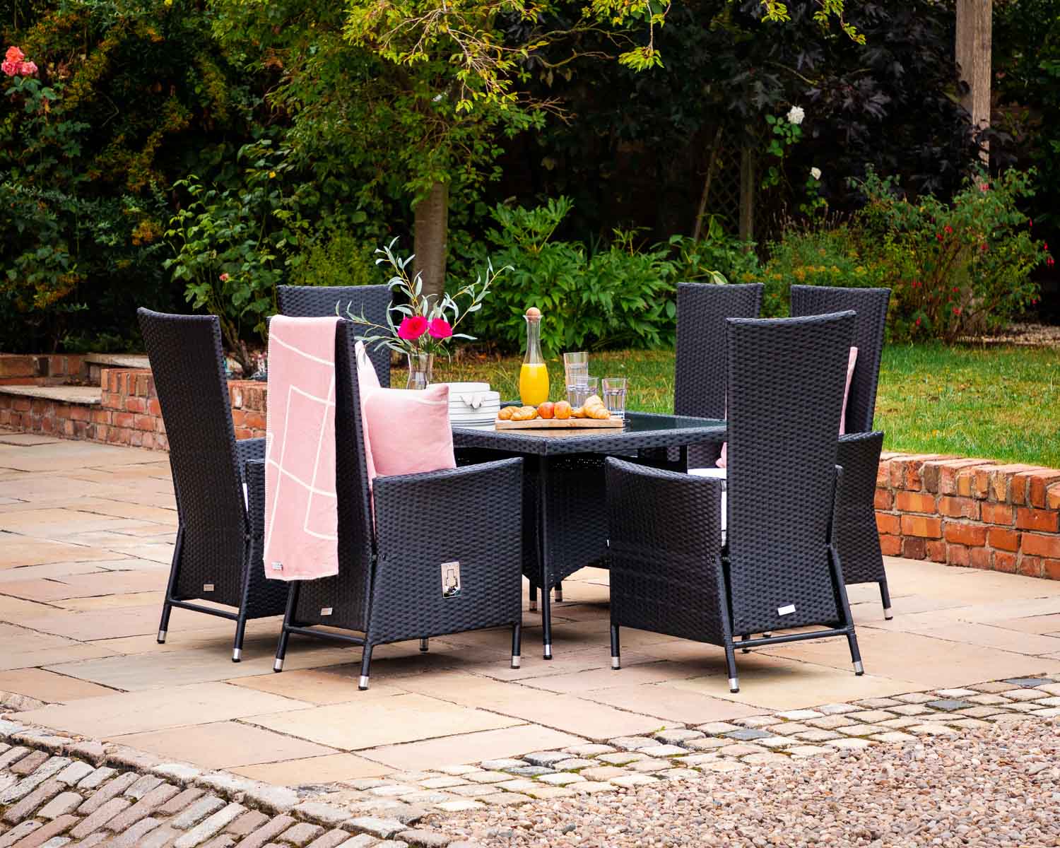 Product photograph of Small Rectangular Rattan Garden Dining Table 6 Reclining Chairs In Black White - Cambridge - Rattan Direct from Rattan Direct