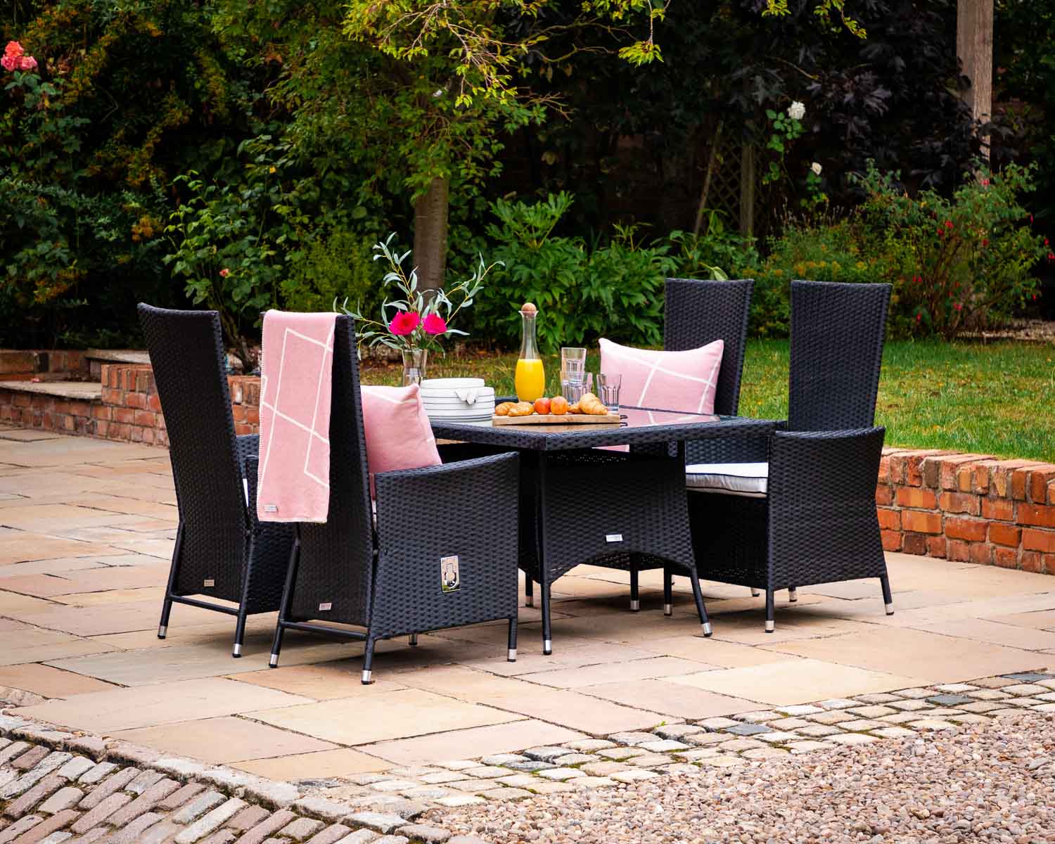 Product photograph of Small Rectangular Rattan Garden Dining Table 4 Reclining Chairs In Black White - Cambridge - Rattan Direct from Rattan Direct