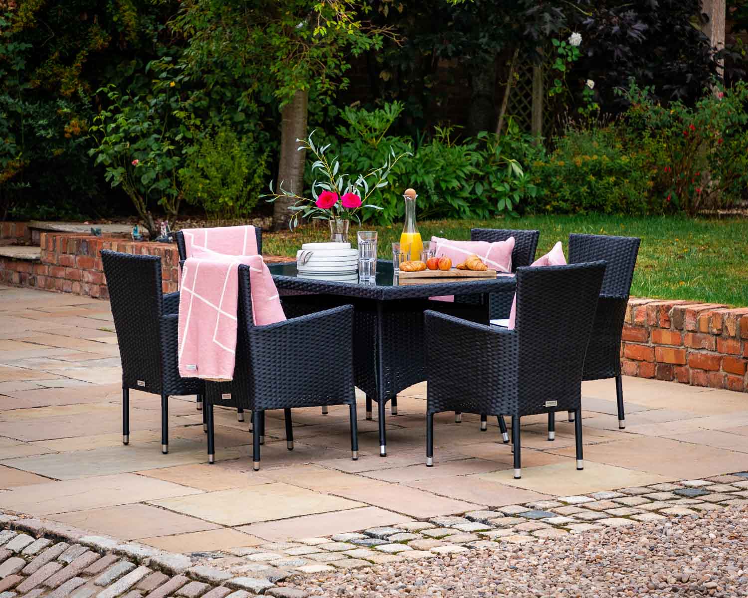 Product photograph of 6 Seat Rattan Garden Dining Set With Small Rectangular Dining Table In Black White - Cambridge - Rattan Direct from Rattan Direct