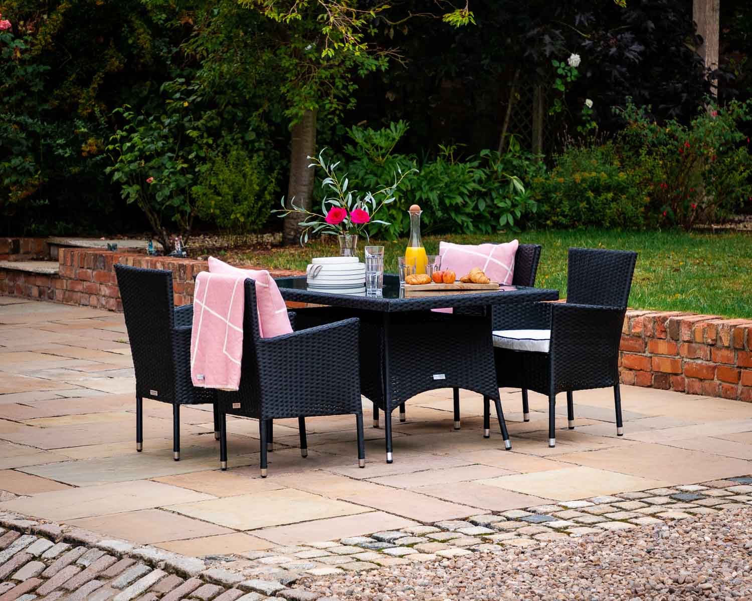 Product photograph of 4 Rattan Garden Chairs Small Rectangular Dining Table Set In Black White - Cambridge - Rattan Direct from Rattan Direct