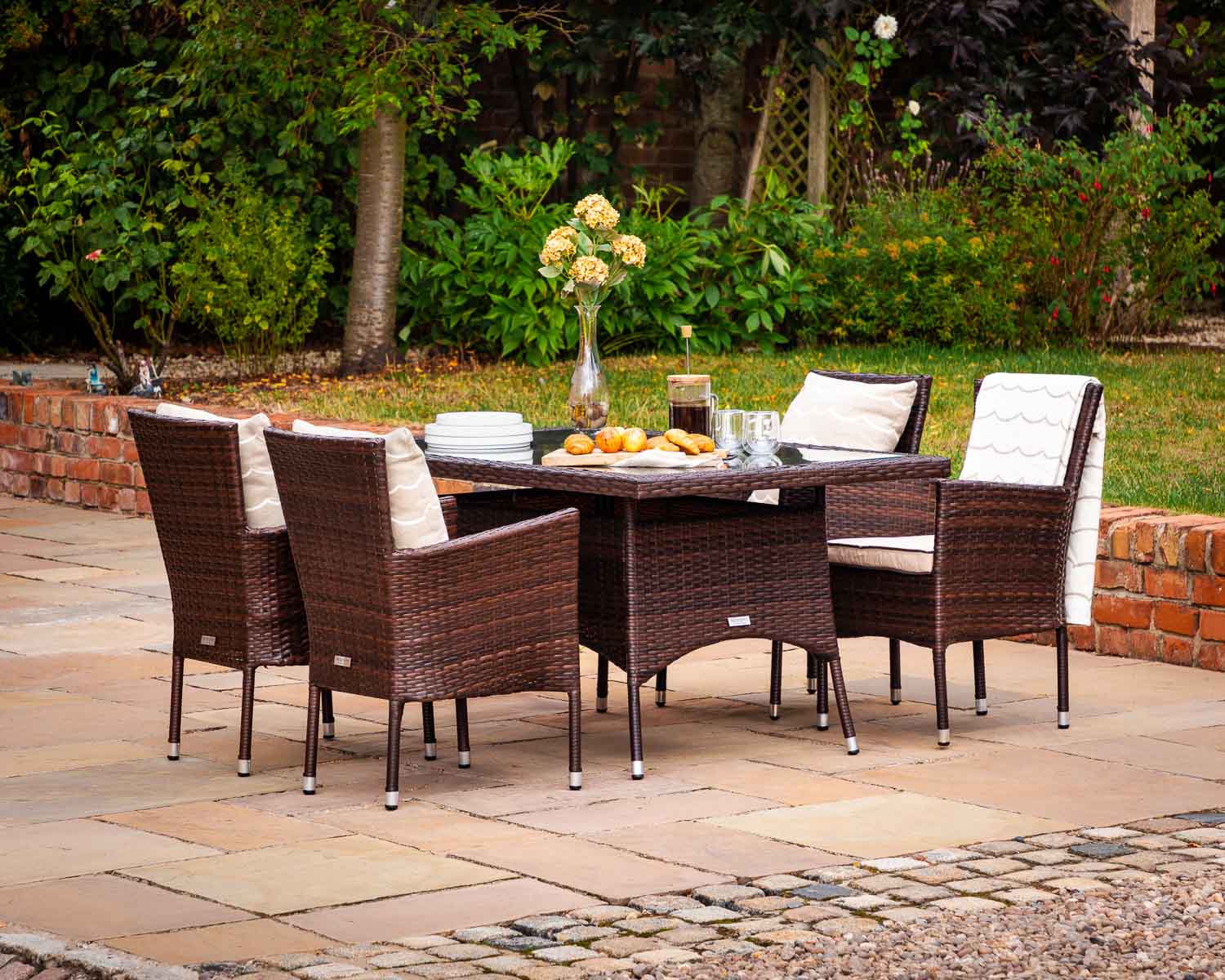 Product photograph of 4 Rattan Garden Chairs Small Rectangular Dining Table Set In Brown - Cambridge - Rattan Direct from Rattan Direct