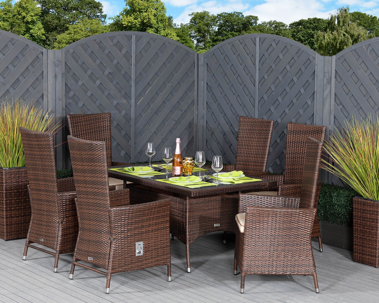 6 Seat Rattan Garden Dining Set With Small Rectangular Dining Table in Brown - Cambridge - Rattan Direct