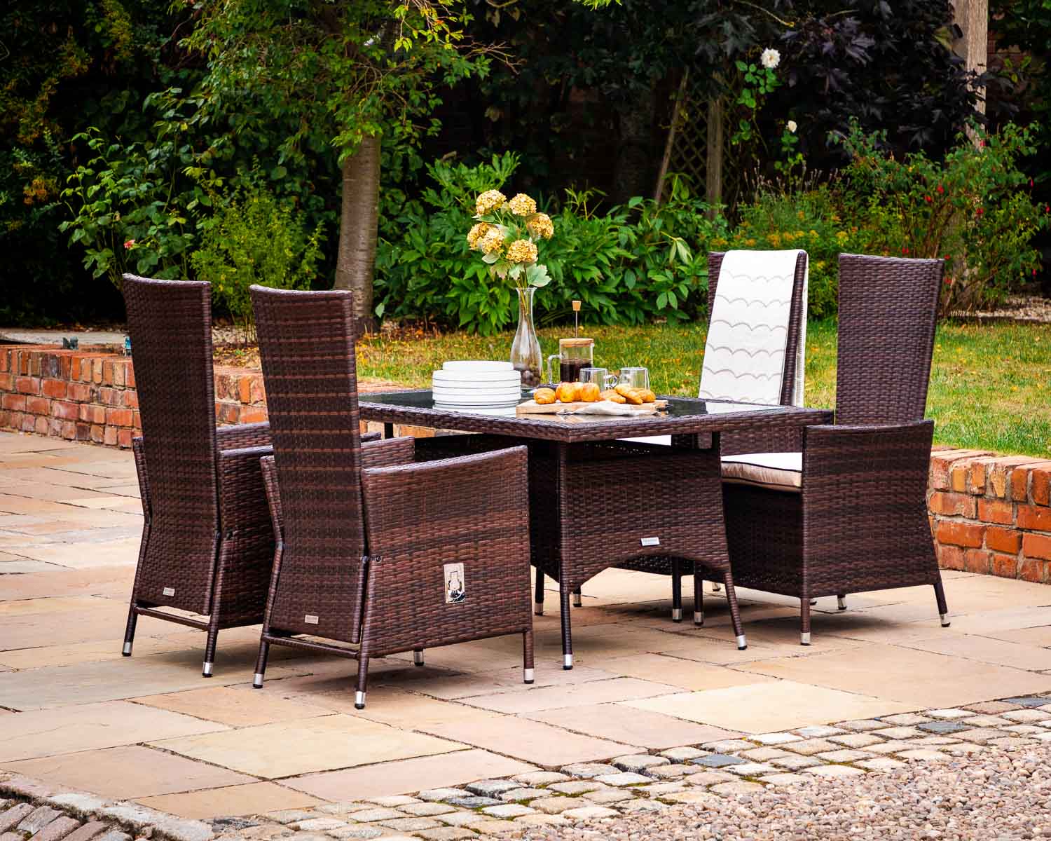Product photograph of Small Rectangular Rattan Garden Dining Table 4 Reclining Chairs In Brown - Cambridge - Rattan Direct from Rattan Direct
