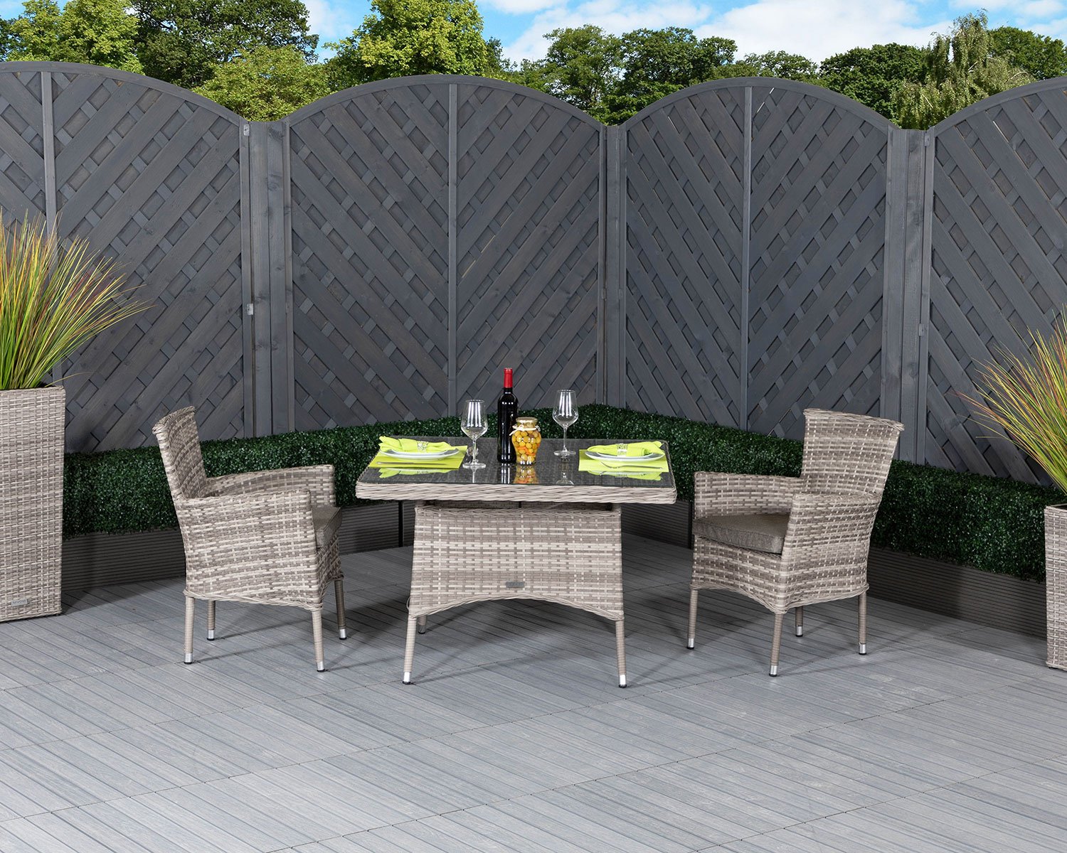 Product photograph of Square Rattan Garden Dining Table 2 Stackable Chairs In Grey - Cambridge - Rattan Direct from Rattan Direct