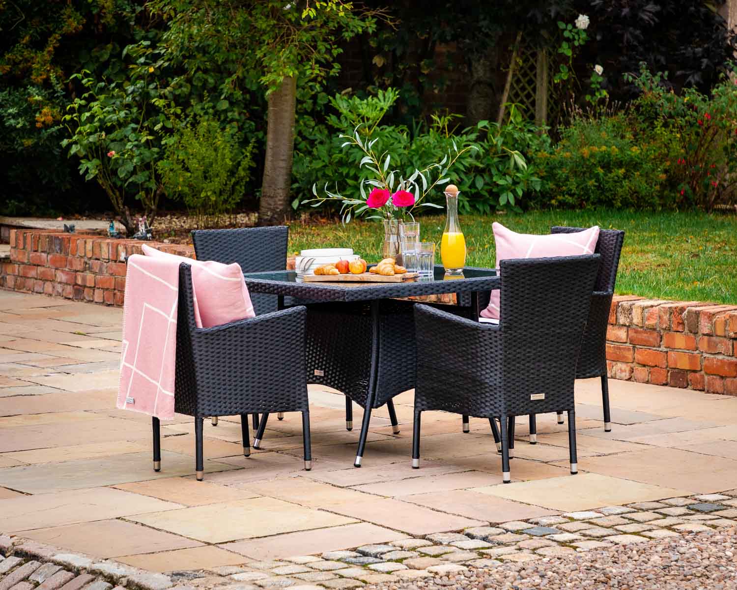 Product photograph of 4 Seat Rattan Garden Dining Set With Square Dining Table In Black White - Cambridge - Rattan Direct from Rattan Direct