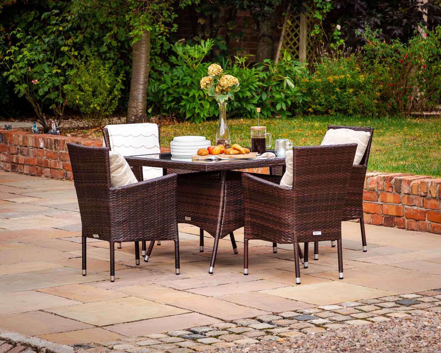 Product photograph of 4 Seat Rattan Garden Dining Set With Square Dining Table In Brown - Cambridge - Rattan Direct from Rattan Direct