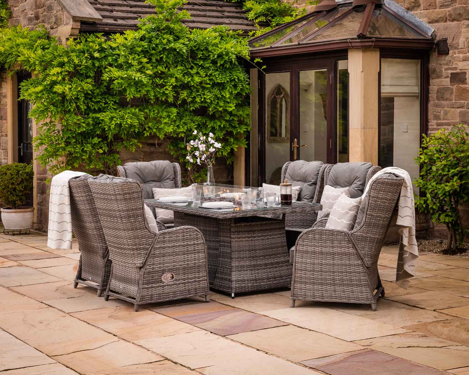 Product photograph of 6 Reclining Rattan Garden Chairs Rectangular Fire Pit Dining Table In Grey - Fiji - Rattan Direct from Rattan Direct