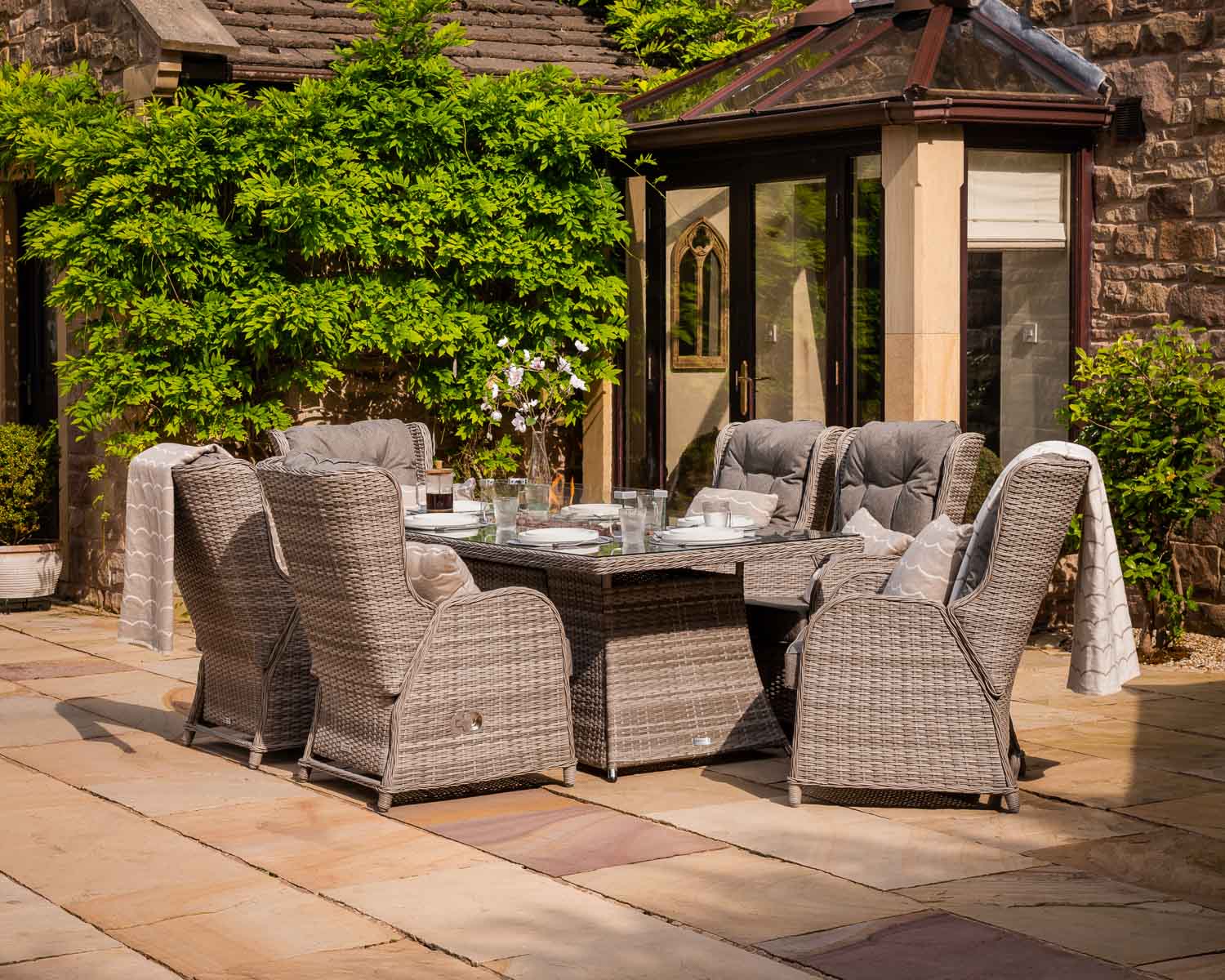 Product photograph of 6 Reclining Rattan Garden Chairs Large Rectangular Fire Pit Dining Table In Grey - Fiji - Rattan Direct from Rattan Direct