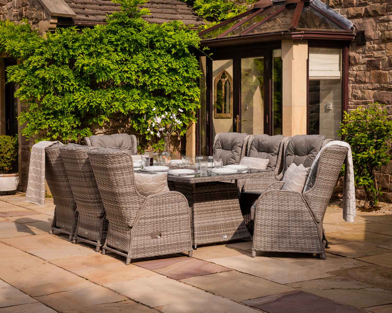 Product photograph of 8 Reclining Rattan Garden Chairs Large Rectangular Fire Pit Dining Table In Grey - Fiji - Rattan Direct from Rattan Direct