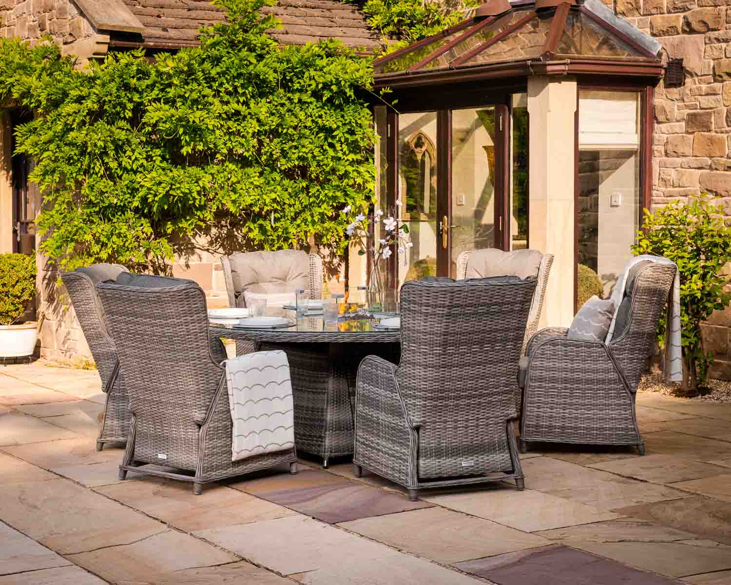 Product photograph of 6 Reclining Rattan Garden Chairs Large Round Fire Pit Dining Table In Grey - Fiji - Rattan Direct from Rattan Direct