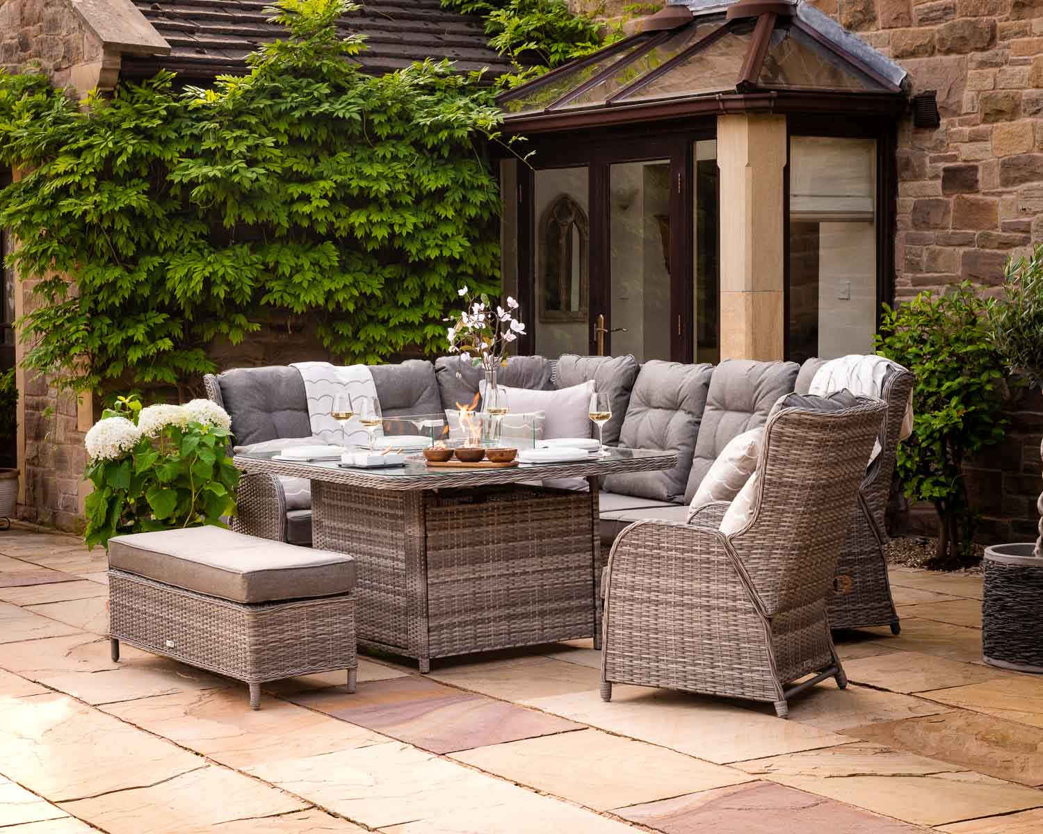 Product photograph of Reclining Rattan Corner Sofa Set With Square Fire Pit Table In Grey - Fiji - Rattan Direct from Rattan Direct