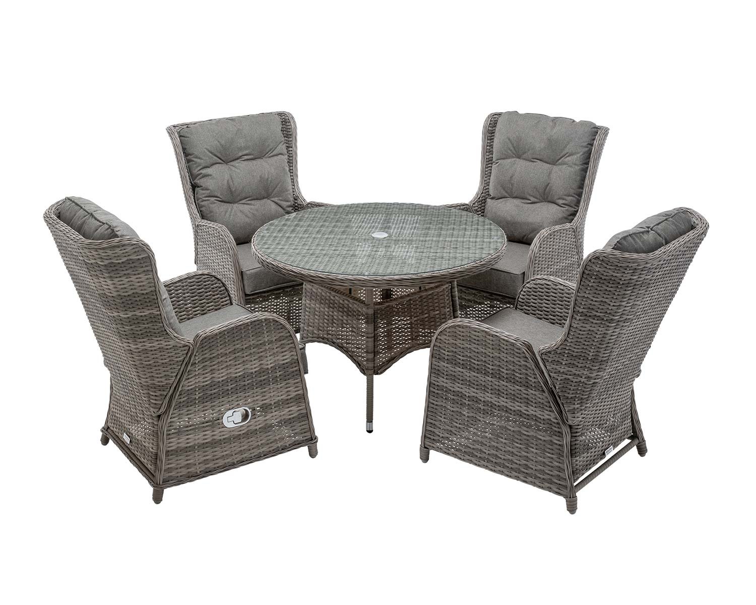 Fiji 4 Reclining Rattan Garden Dining Chairs Round Table In Grey