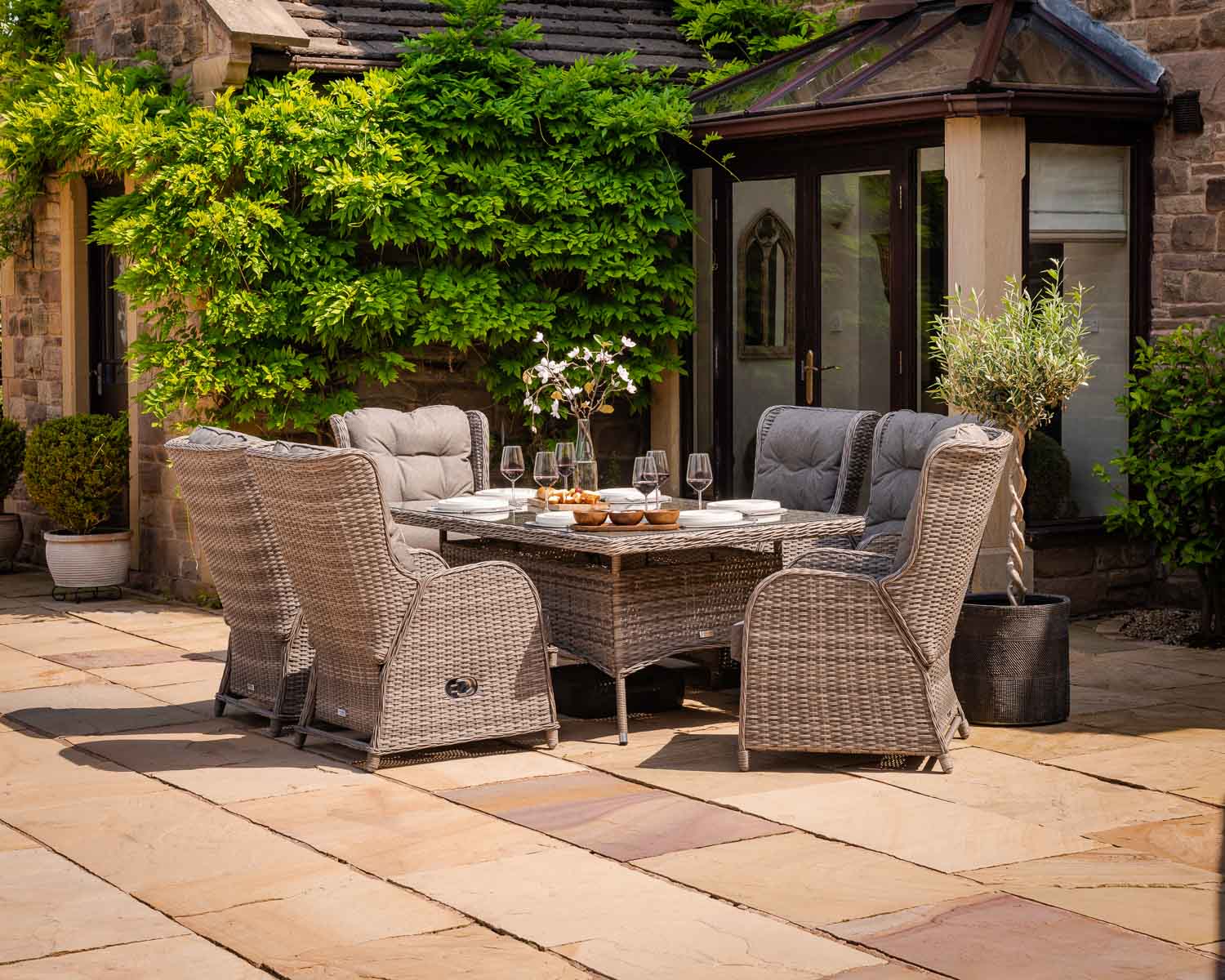 Product photograph of Reclining Rattan Garden Dining Set With 6 Chairs Large Rectangular Table In Grey - Fiji - Rattan Direct from Rattan Direct